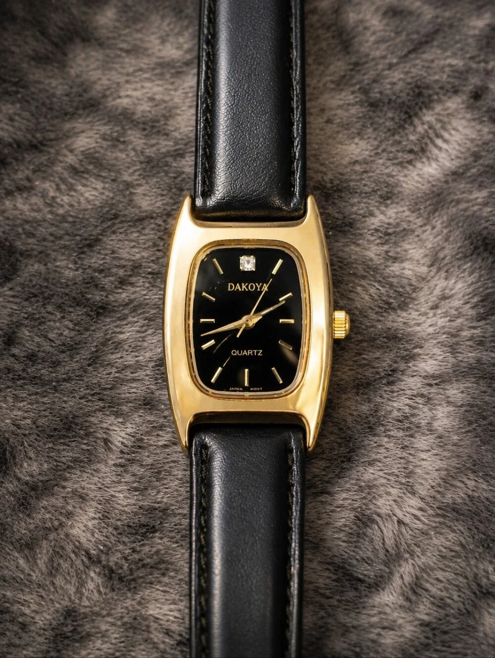 Vintage Dakota Genuine Diamond Watch Gold Tone Black Dial Leather Tank Y2K CC